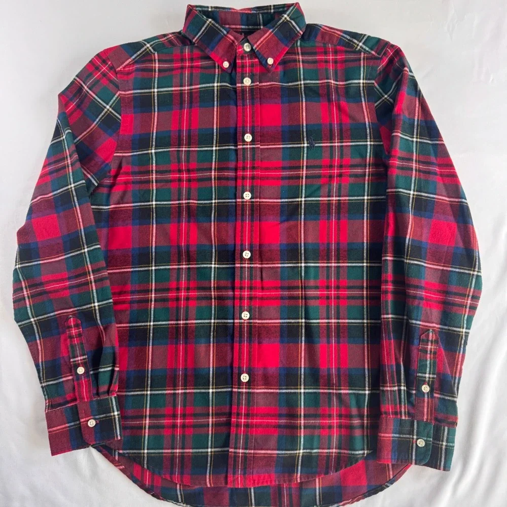 Ralph Lauren Flannel Button Down Shirt‎ Boys  L 14-16 Red Green Tartan Plaid